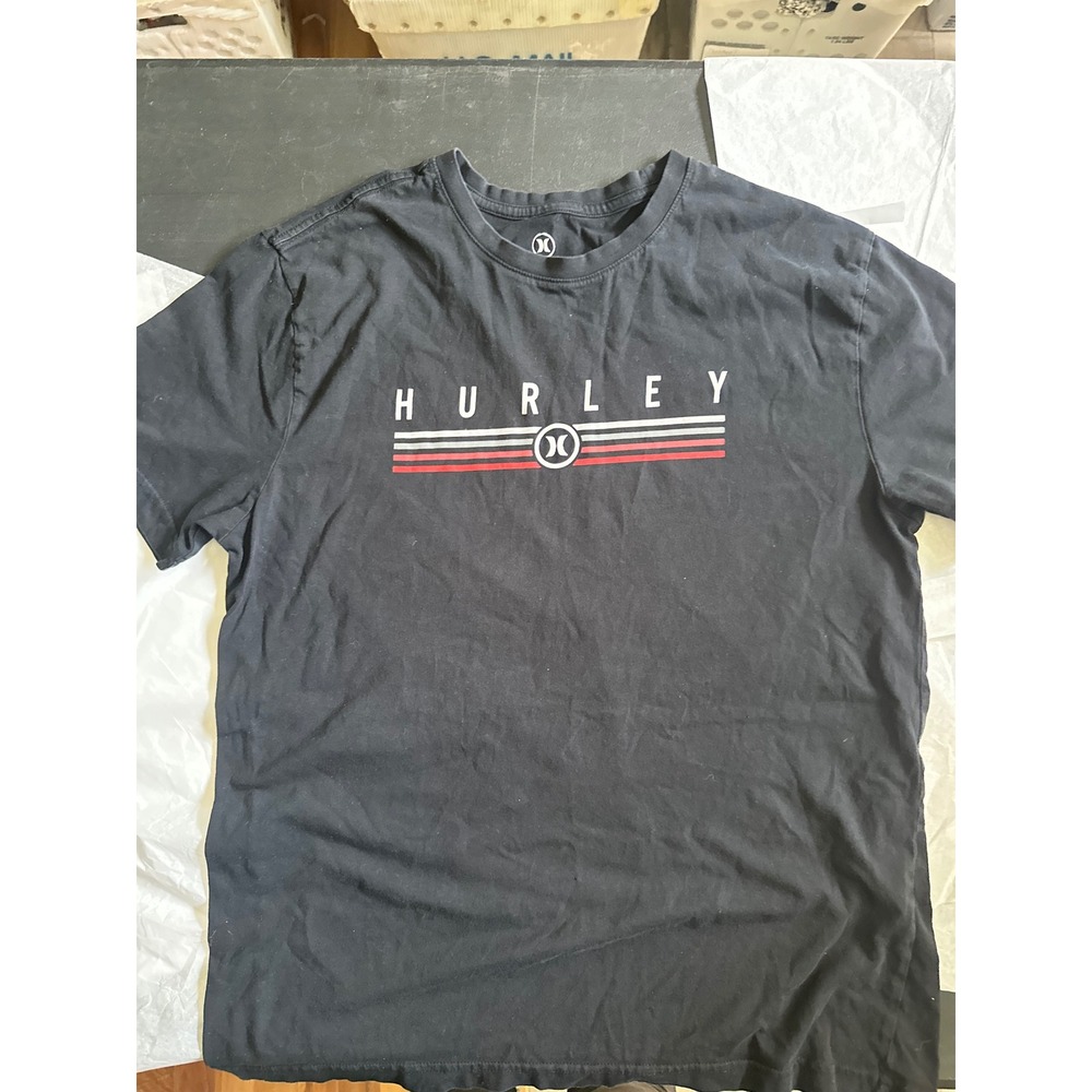 Hurley Mens Graphic T-Shirt Black Cotton Short Sleeve Striped Logo Size M